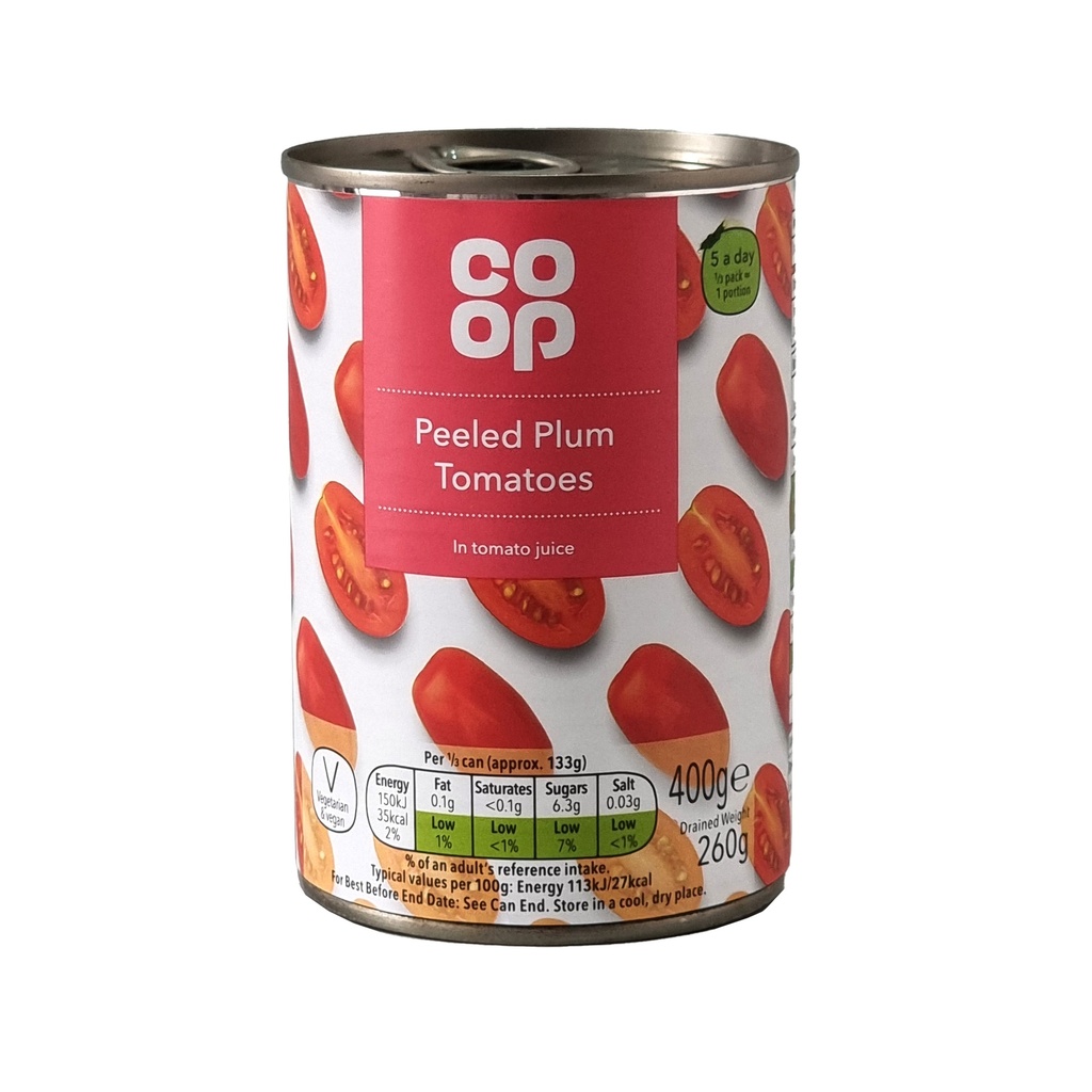 CO-OP PEELED PLUM TOMATOES IN TOMATO JUICE 400G