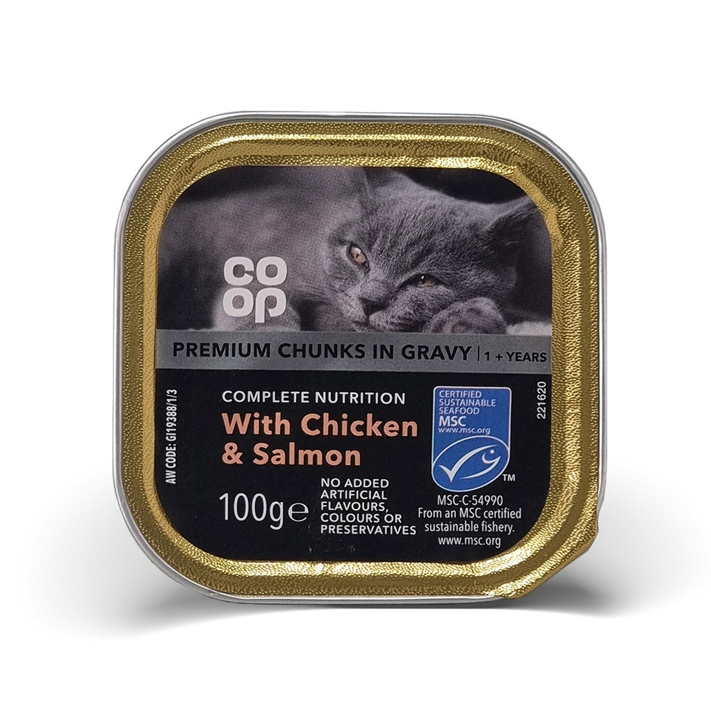 CO-OP ADULT CAT 1+ YEARS PREMIUM CHUNKS IN GRAVY WITH CHICKEN & SALMON 100G